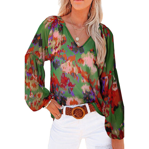 Women's Floral Chiffon Shirt Loose V-neck Casual Top gogodiggity