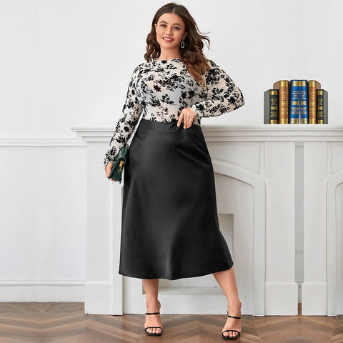 High Waist Zipper Large Hem Satin Satin Temperament Skirt gogodiggity