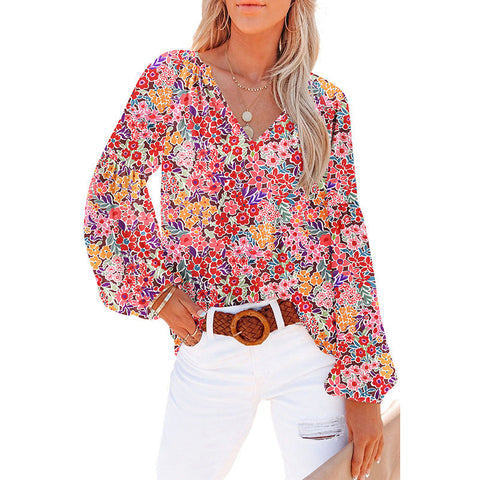 Women's Floral Chiffon Shirt Loose V-neck Casual Top gogodiggity