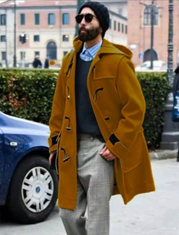 Retro Horn Button Hooded Woolen Trench Coat Men gogodiggity