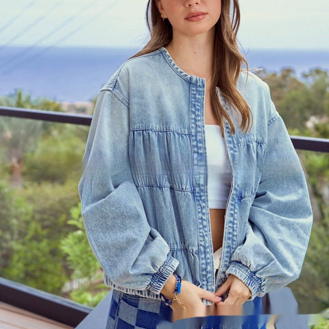 Washed Loose Round Neck Zipper Light Blue European And American Denim Jacket gogodiggity