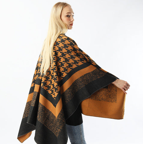 Women's Split Houndstooth Cape And Shawl Fashionable Simple Retro Cloak All-matching gogodiggity
