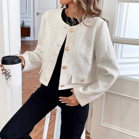 Milky White O-neck Short Slimming Elegant Lady Wool Coat gogodiggity
