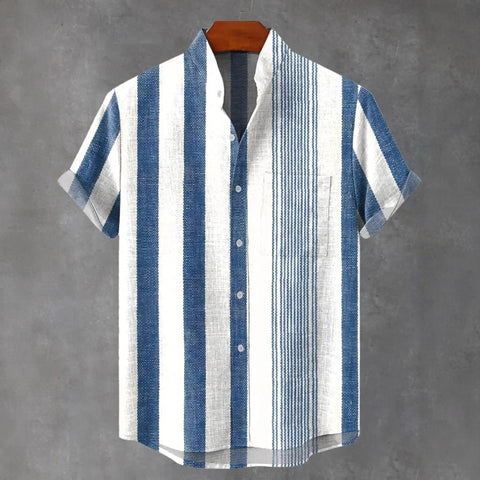 Men's Stand Collar Contrast Color Striped Casual Cool Versatile Short Sleeve gogodiggity