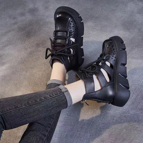Women's Platform Sandals All-matching Hollow Hole Hole Shoes Fashion Soft Leather Cowhide Sandal Boots gogodiggity