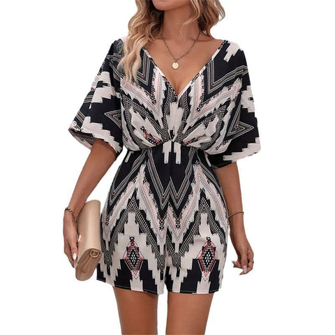 Women's Printed V-neck One-piece Sleeve Loose Jumpsuit gogodiggity