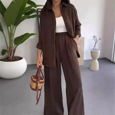 Fashion Solid Color Loose Top Casual Wide Leg Pants Two-piece Set gogodiggity