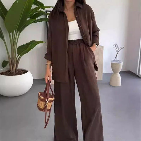Fashion Solid Color Loose Top Casual Wide Leg Pants Two-piece Set gogodiggity