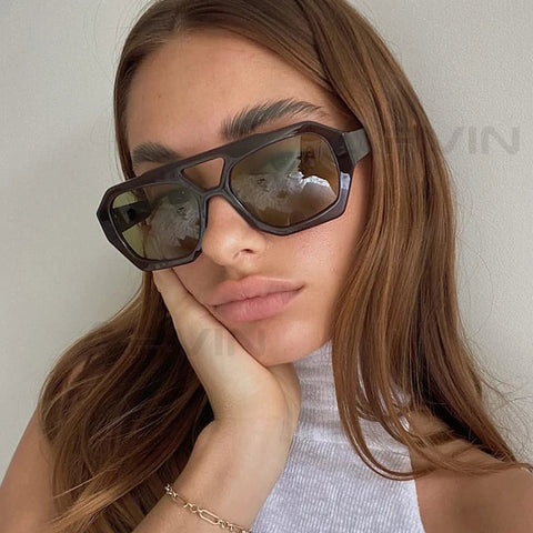 Fashionable retro square sunglasses for women and men, thick framed double bridge glasses for women, fashionable polygonal sungl gogodiggity