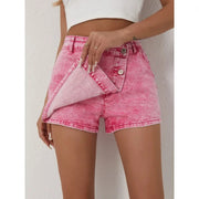 Women's Denim Shorts Casual Fashion Style High Waisted Pants with Asymmetrical Buttons 2025 New Pink Jeans gogodiggity