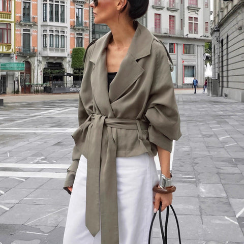 Women's Large Lapel Lace-up Trench Coat Fashionable Jacket gogodiggity