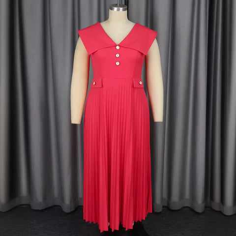 Spring 2025 Light Luxury Elegant Wind V-Neck Sleeveless Pleated Skirt High-Waist Dress for Formal Occasions Large Size Available gogodiggity
