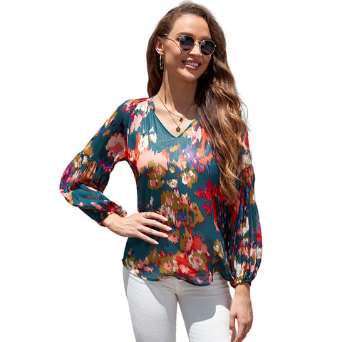 Women's Floral Chiffon Shirt Loose V-neck Casual Top gogodiggity