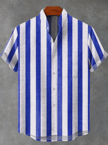 Men's Stand Collar Contrast Color Striped Casual Cool Versatile Short Sleeve gogodiggity