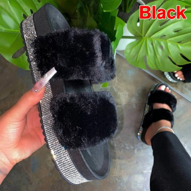 Luxury Fur Rhinestone Slippers for Women gogodiggity