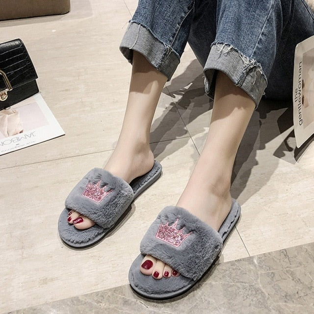 Luxury Fur Rhinestone Slippers for Women gogodiggity