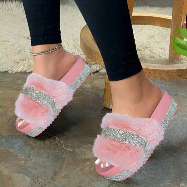 Luxury Fur Rhinestone Slippers for Women gogodiggity