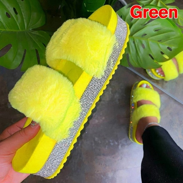 Luxury Fur Rhinestone Slippers for Women gogodiggity