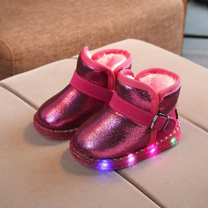 Children PU Boots Shoes Children Baby BOy Girls LED Light Up Boot Luminous Sneakers Winter Warm Snow Boot for Kid  fur boots gogodiggity