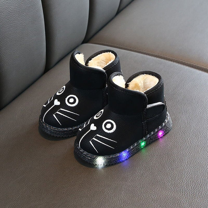 Children PU Boots Shoes Children Baby BOy Girls LED Light Up Boot Luminous Sneakers Winter Warm Snow Boot for Kid  fur boots gogodiggity